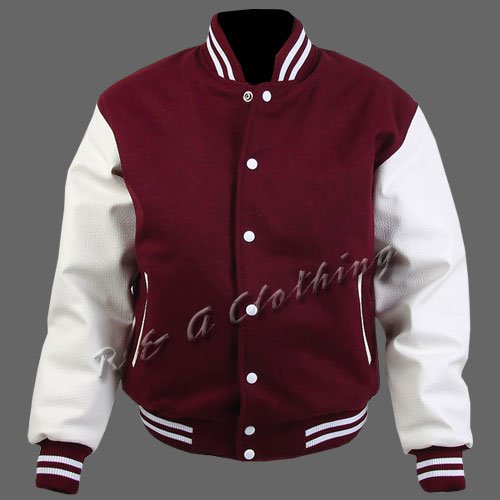 New R & A Maroon and White varsity jacket with Long Leather Sleeves size xs