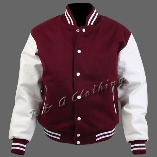 New R & A Maroon and White varsity jacket with Long Leather Sleeves size 2xl