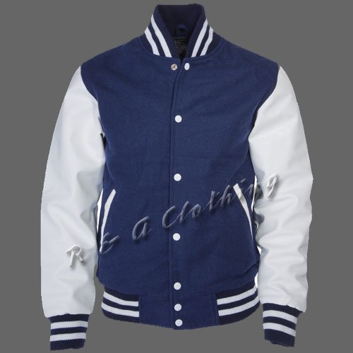 New R & A Navy and White varsity jacket with Long Leather Sleeves size l