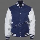 New R & A Navy and White varsity jacket with Long Leather Sleeves size xl
