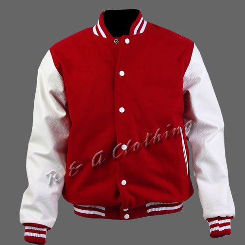 New R & A Red and White varsity jacket with Long Leather Sleeves size 2xl