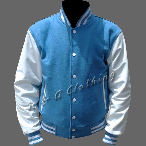 New R & A Sky Blue and White varsity jacket with Long Leather Sleeves size 2xl