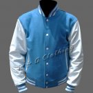 New R & A Sky Blue and White varsity jacket with Long Leather Sleeves size 3xl