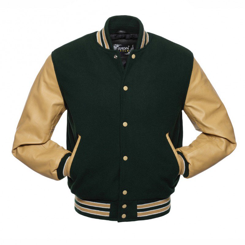 New DC Letterman Green wool Gold leather sleeves varsity jacket size m