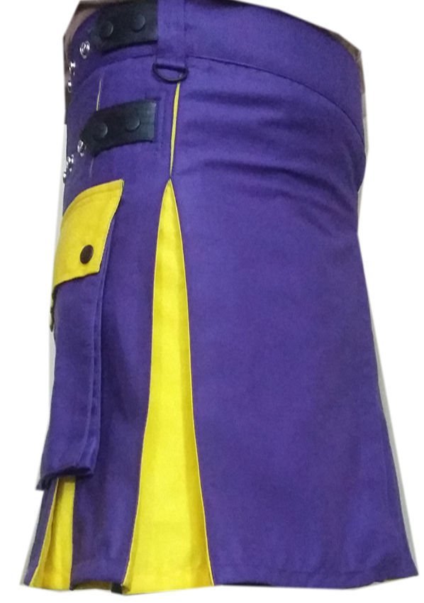 New Active Men Highlander Unisex Leather Straps Purple/Yellow Hybrid Utility Kilt Size 52