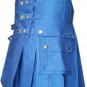 Highlander Scottish Utility Kilt  Handmade Blue With Straps Cotton Adult Size 36