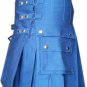Highlander Scottish Utility Kilt  Handmade Blue With Straps Cotton Adult Size 42
