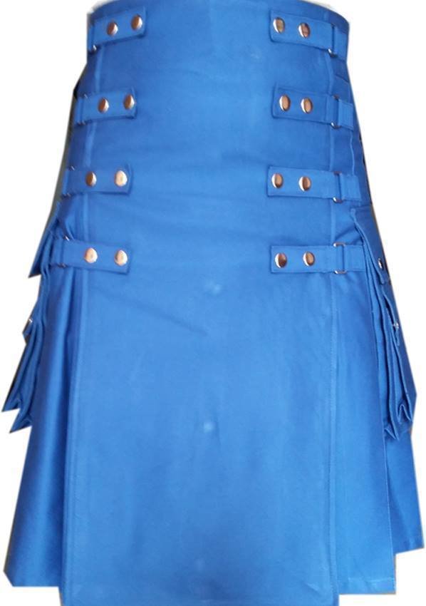 Highlander Scottish Utility Kilt  Handmade Blue With Straps Cotton Adult Size 60