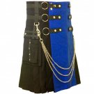 New Active Men Scottish Black and Blue Two Tonned Utility Cotton Kilt Size 44