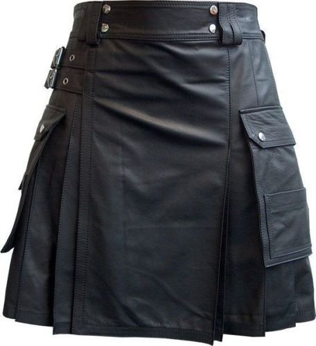 Men Real Leather Pleated Kilt Club wear Kilt With Cargo Pockets Size 30