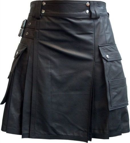 Men Real Leather Pleated Kilt Club wear Kilt With Cargo Pockets Size 38
