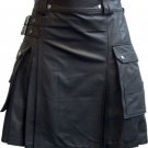 Men Real Leather Pleated Kilt Club wear Kilt With Cargo Pockets Size 40