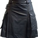 Men Real Leather Pleated Kilt Club wear Kilt With Cargo Pockets Size 46