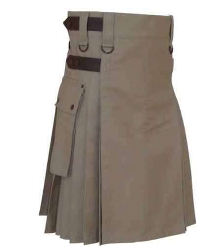 New DC Handmade khaki Cotton Utility Style Kilt for Men with Leather straps size 32