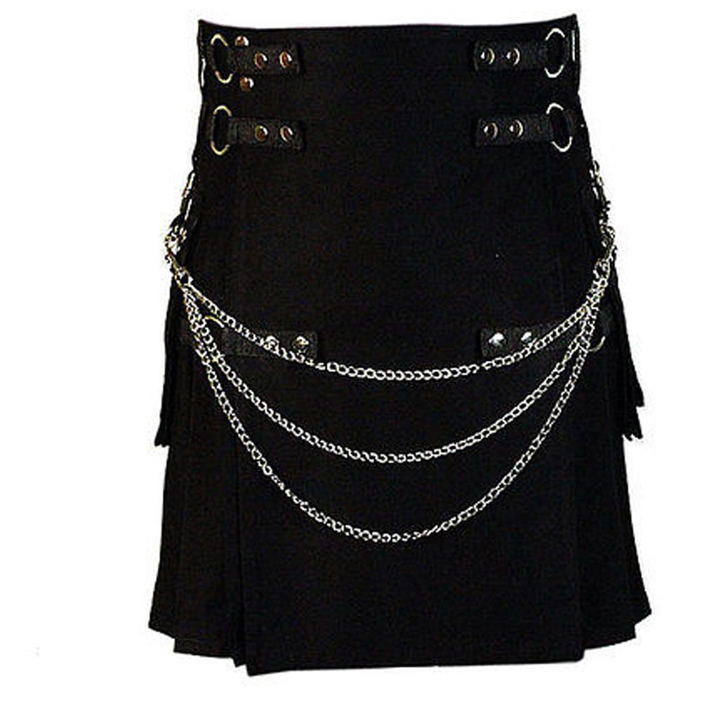52 Size Scottish Men Black Fashion Utility Kilt With Beautiful Chains