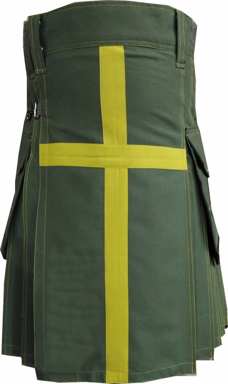NEW DC ACTIVE MEN OLIVE GREEN AND YELLOW HANDMADE UNISEX COTTON UTILITY KILT SIZE 30