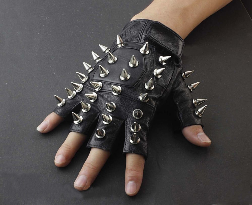 Men's Skull Stud Biker Punk Driving Motorcycle Finger less Leather Gloves Size 2XL