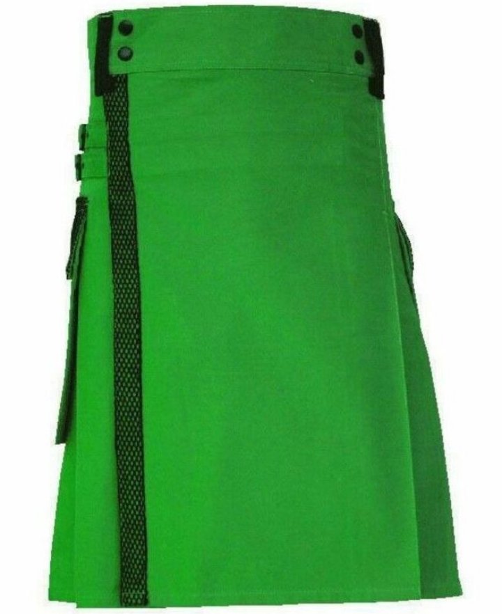 size 34 green Scottish highlander net pocket utility cotton kilt for working men