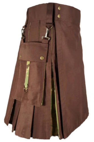 Scottish Men Brown & Multicam Hybrid Detachable Pockets Utility Kilt Size 56