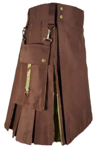 Scottish Men Brown & Multicam Hybrid Detachable Pockets Utility Kilt Size 44