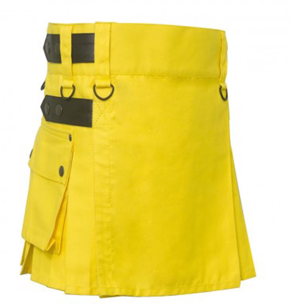 Ladies Yellow Utility Black Leather Straps Handmade Cotton Kilt Size 56