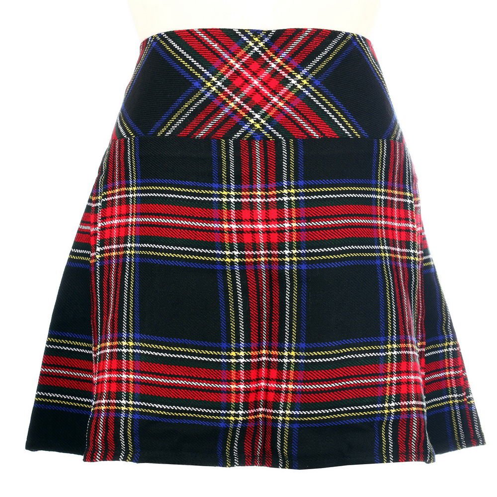 New Ladies Black Stewart Tartan Scottish Mini Billie Kilt Mod Skirt Size 38