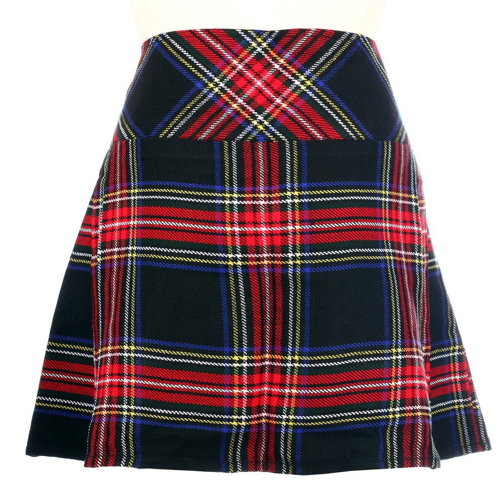 New Ladies Black Stewart Tartan Scottish Mini Billie Kilt Mod Skirt Size 48