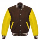 New DC Letterman Baseball Brown wool Yellow leather  sleeves varsity jacket size M