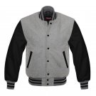 New DC Letterman Baseball Grey wool Black leather  sleeves varsity jacket size S