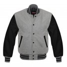 New DC Letterman Baseball Grey wool Black leather  sleeves varsity jacket size L