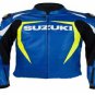 SUZUKI RGSX BLUE MOTORCYCLE LEATHER RACING JACKET FULL BODY PROTECTIONS SIZE S