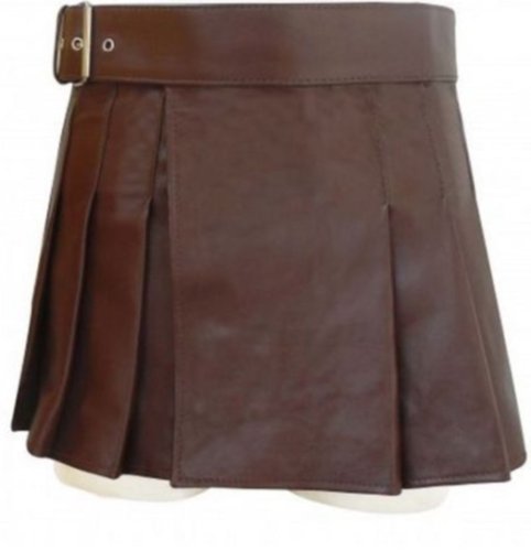 New ladies genuine chocolate brown leather short Scottish kilt Size 28