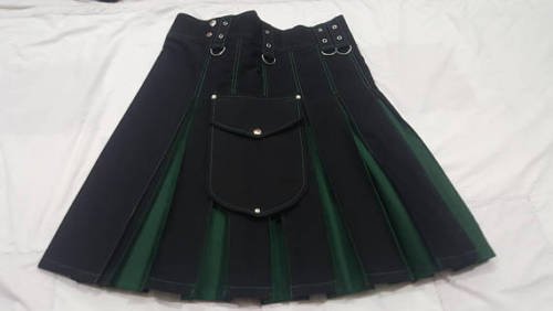Men Active Handmade Black & Green Hybrid Cargo Pockets Fashion Utility Kilts Size  30
