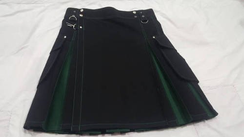 Men Active Handmade Black & Green Hybrid Cargo Pockets Fashion Utility Kilts Size  34
