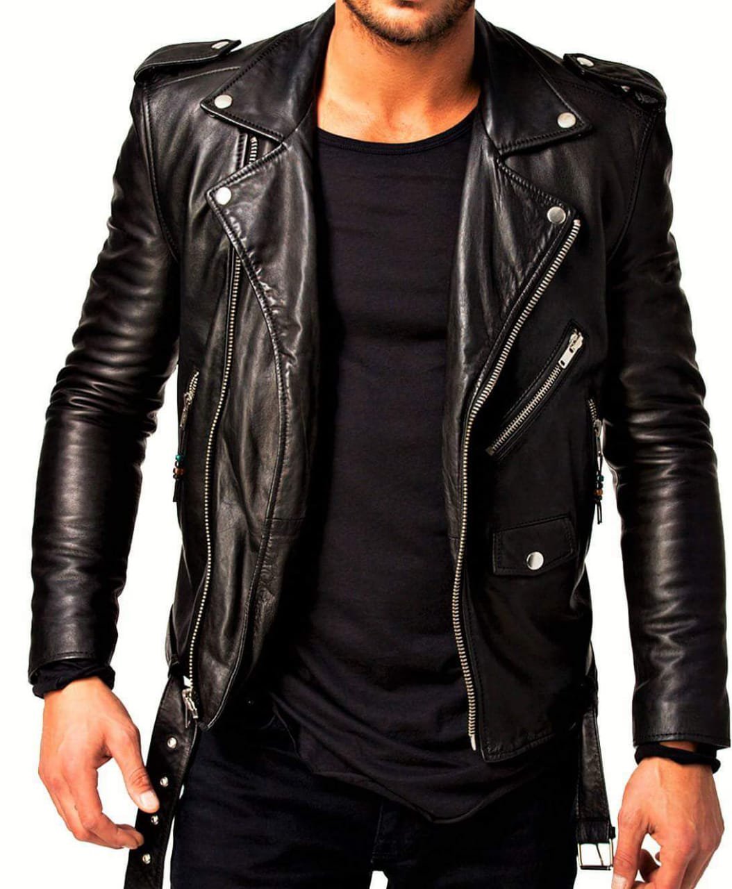 NEW MEN,S VINTAGE FASHION STYLE LEATHER MOTORCYCLE BLACK JACKET SIZE XS