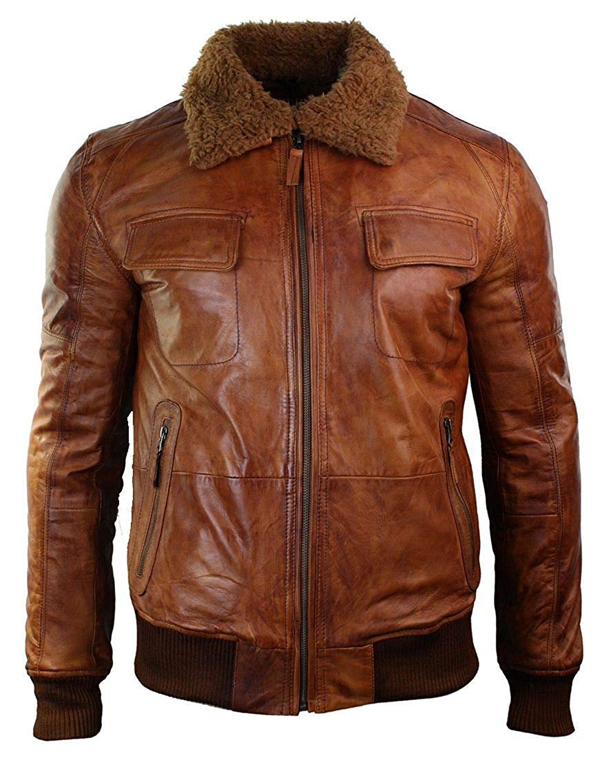 NEW MEN,S FASHION STYLISH LOOKING VINTAGE FURRY COLLAR LEATHER MOTORCYCLE BROWN JACKET SIZE XS