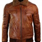 NEW MEN,S FASHION STYLISH LOOKING VINTAGE FURRY COLLAR LEATHER MOTORCYCLE BROWN JACKET SIZE XS