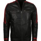 NEW MEN,S FASHION STYLISH LOOKING BLACK WITH RED CONTRAST LEATHER MOTORCYCLE BLACK JACKET SIZE L