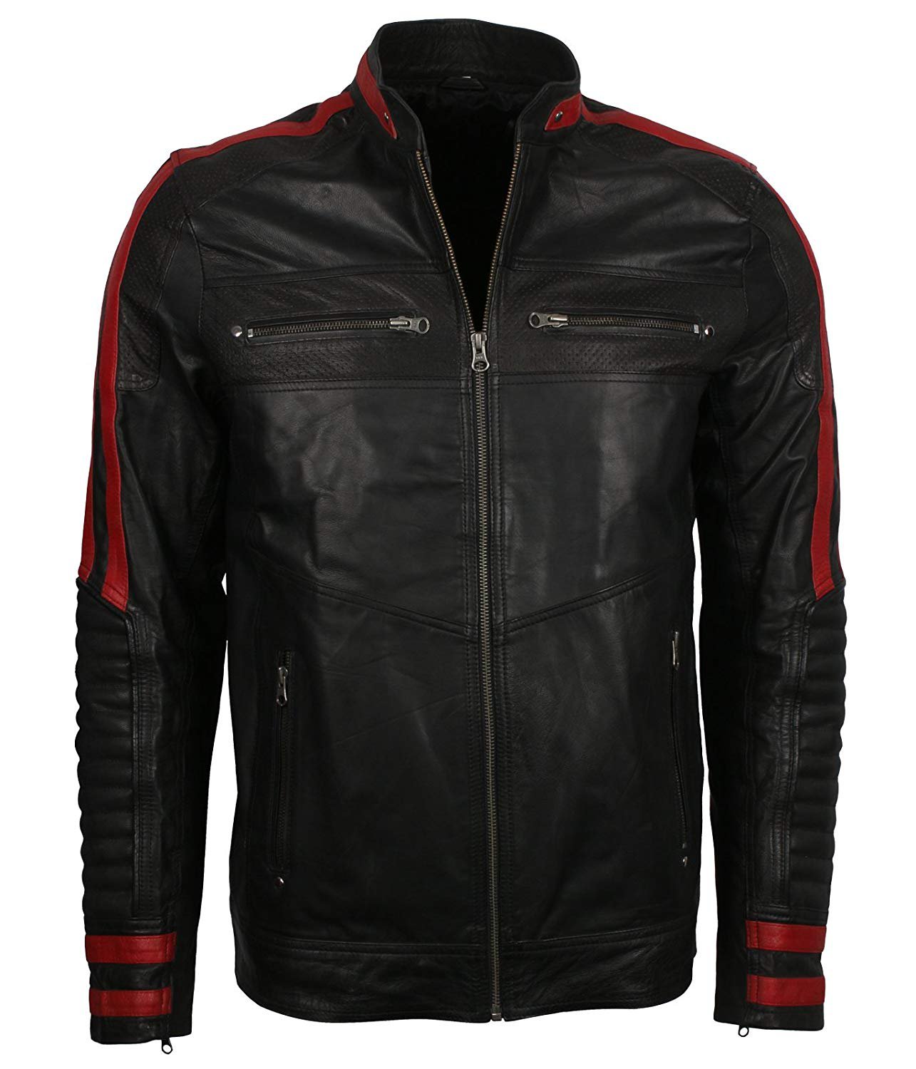 NEW MEN,S FASHION STYLISH LOOKING BLACK WITH RED CONTRAST LEATHER MOTORCYCLE BLACK JACKET SIZE 4XL