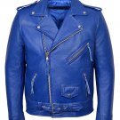 NEW MEN,S FASHION VINTAGE BLUE LEATHER MOTORCYCLE JACKET SIZE L