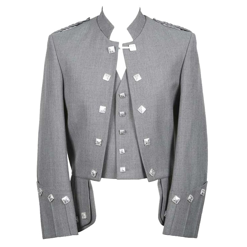 New Scottish Highlander Men Sherrifmuir Grey Pride Kilt Style Coat Fashion Jacket Size M