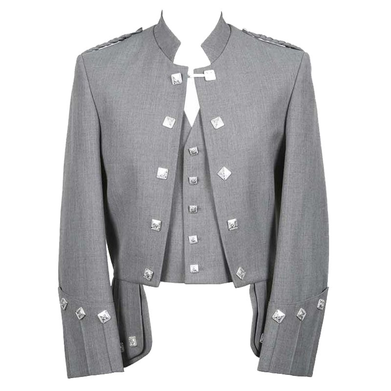 New Scottish Highlander Men Sherrifmuir Grey Pride Kilt Style Coat Fashion Jacket Size 4XL