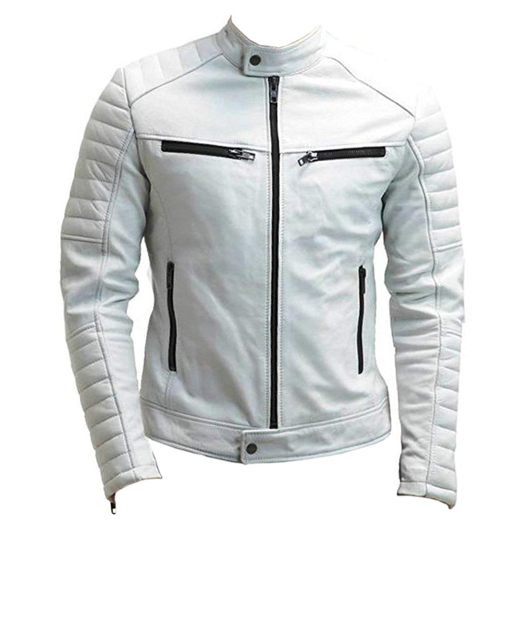 NEW MEN,S FASHION LEATHER MOTORCYCLE WHITE JACKET JC67756 SIZE L