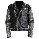 Men motorbike fashion style full body gothic silver studded black leather jacket SIze 3xl