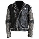 Men motorbike fashion style full body gothic silver studded black leather jacket SIze 5xl
