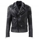 Men motorbike fashion style full body gothic silver studded black leather jacket SIze l