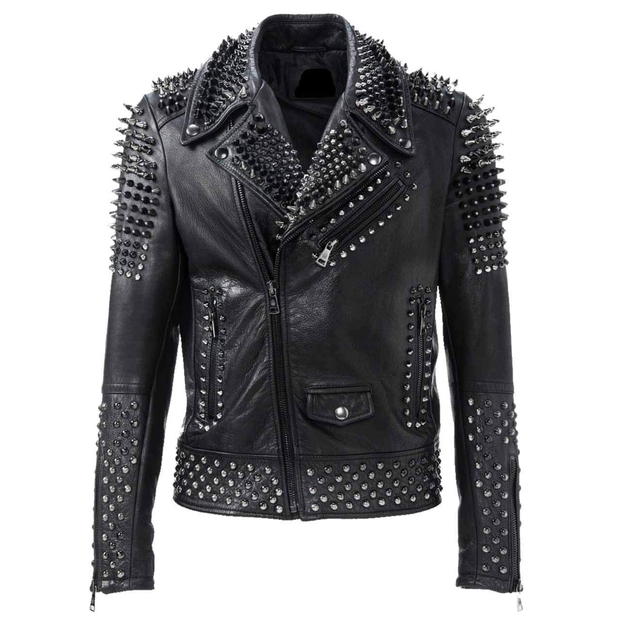 Men motorbike fashion style full body gothic silver studded black leather jacket SIze xs