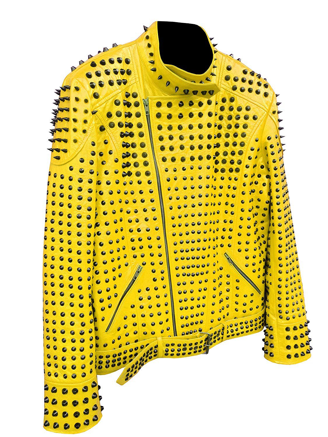 Men motorbike fashion style full body gothic silver studded yellow leather jacket SIze l