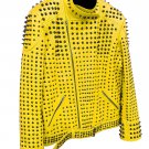 Men motorbike fashion style full body gothic silver studded yellow leather jacket SIze 2xl