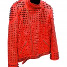 Men motorbike fashion style full body gothic studded red leather jacket SIze 4xl